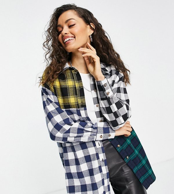 Topshop Petite mix check shirt with patch in multi