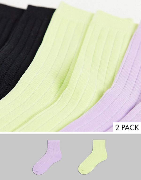 Topshop Plain Nylon Rib Ankle 3 Pack socks Lime/Lilac/Black-Multi