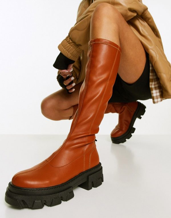 Topshop Tate knee high chunky boot in tan-Brown