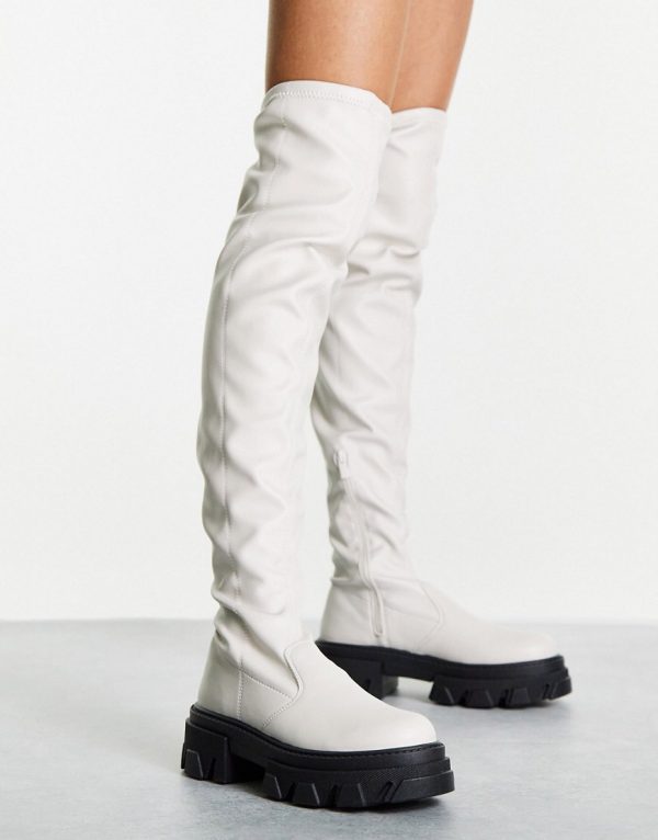 Topshop Taylor over the knee stretch boot in off white
