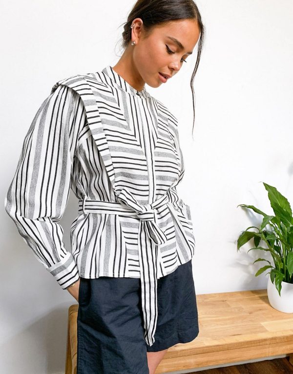 Topshop belted striped blouse in monochrome-Black