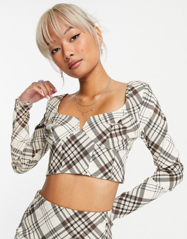 Topshop check bengaline long sleeve top in camel - part of a set-Neutral