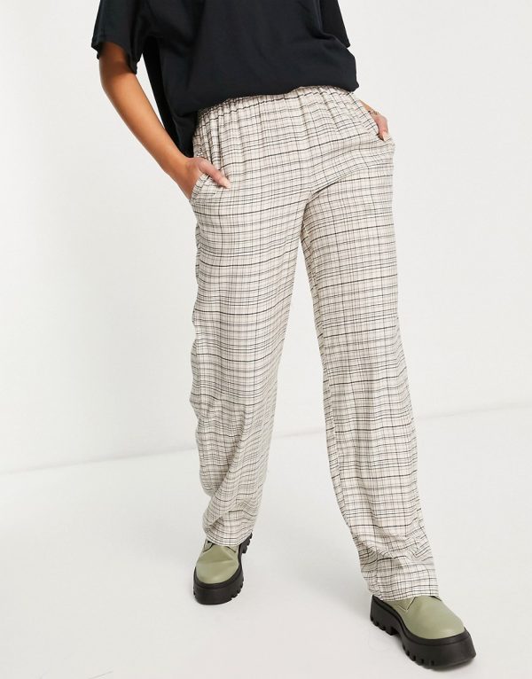 Topshop check straight leg pull on pant in beige - part of a set-Neutral