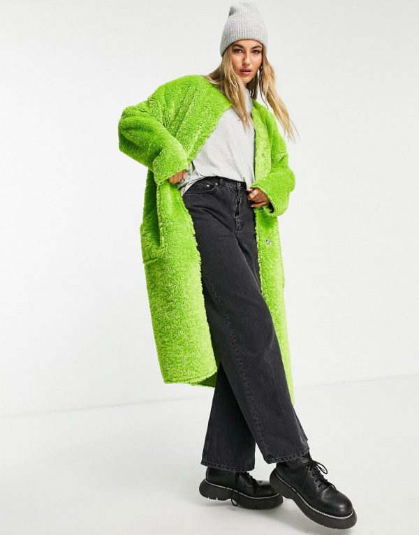 Topshop collarless teddy coat in lime green