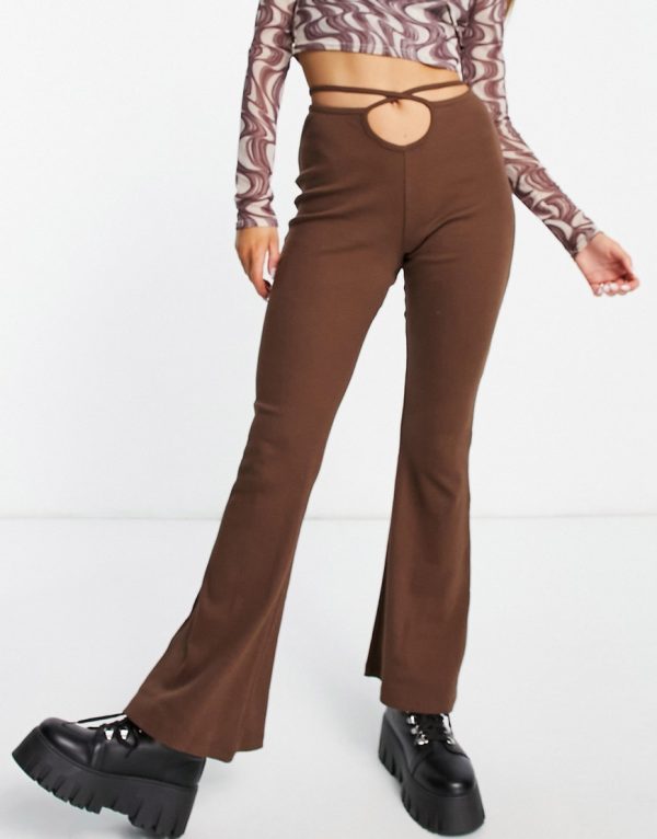 Topshop compact ribbed flared pants with cross hip straps in brown - part of a set