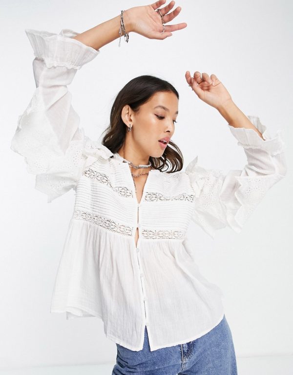 Topshop cotton lace mix button front blouse in ivory-White