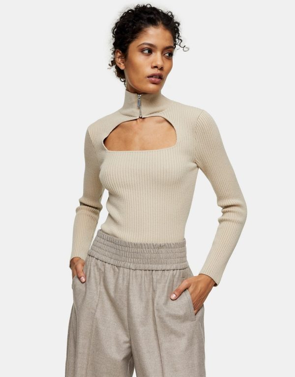 Topshop cut-out detail zip knitted top in beige-Neutral