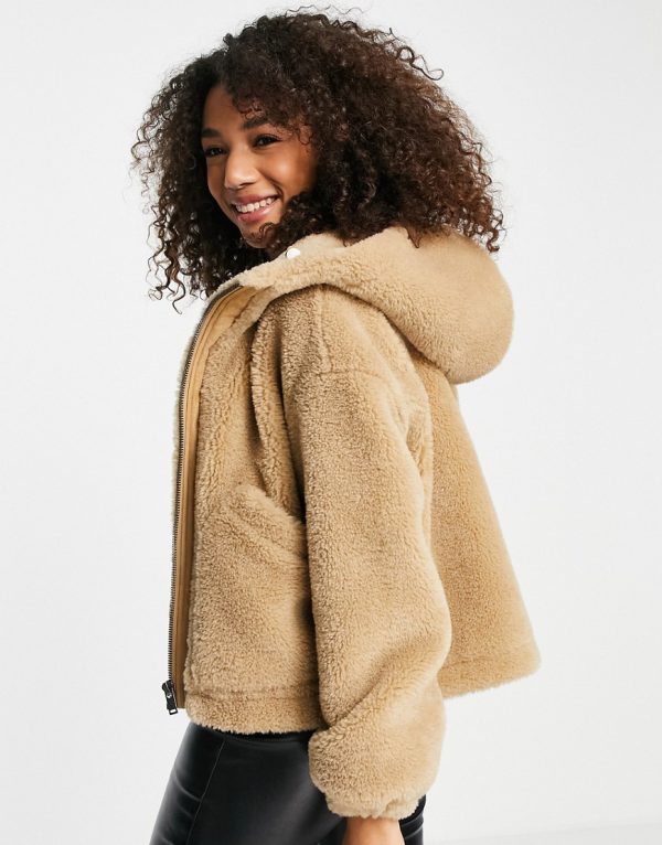 Topshop faux fur shearling zip up jacket with hood in tan-Brown