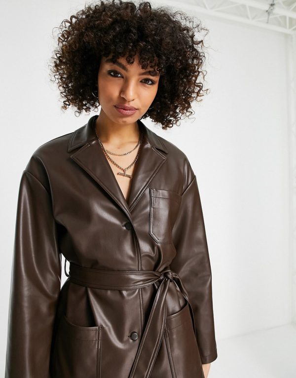 Topshop faux leather belted shirt jacket with revere collar in chocolate-Brown