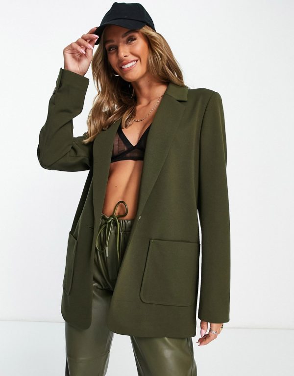 Topshop jersey blazer with patch pockets in khaki-Green