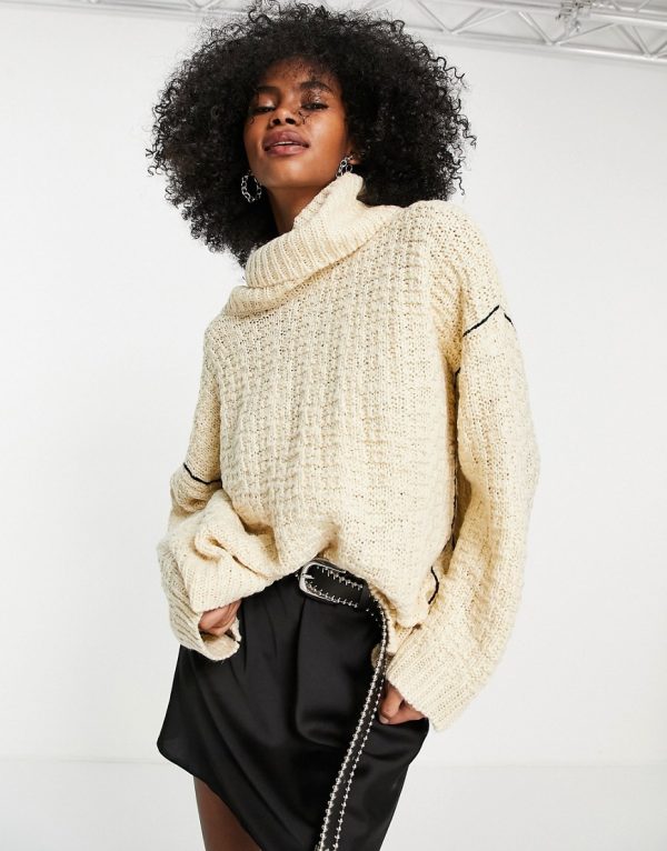 Topshop knit crosshatch stitch roll neck sweater in cream-White