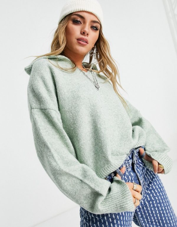 Topshop knitted oversized sweater with relaxed collar in green