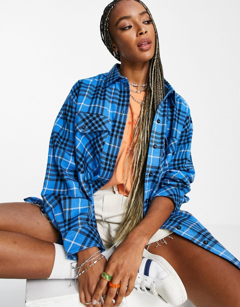 Topshop knot front check shirt in blue-Blues