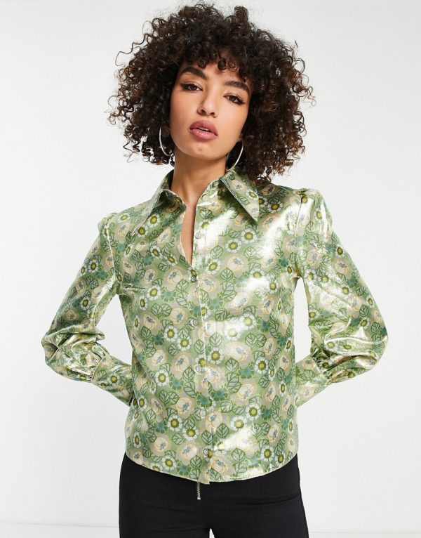 Topshop metallic floral print 70s collar shirt in mint-Green