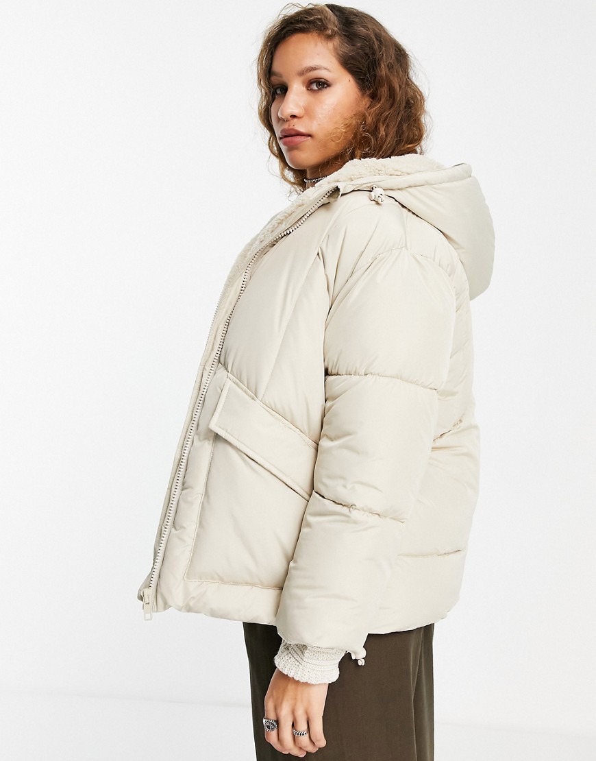Topshop mid length puffer jacket with fleece lined hood in off white ...