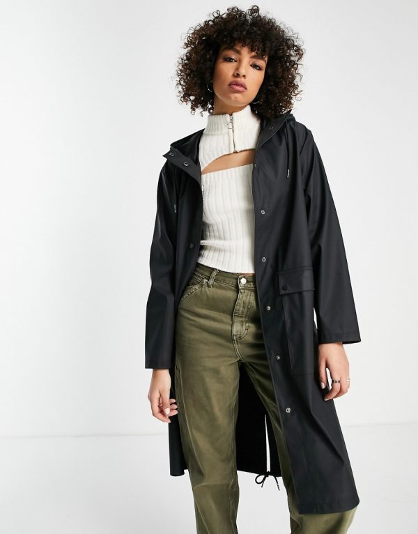 Topshop mid length rain trench with hood in black