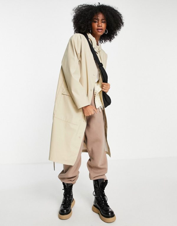 Topshop mid length trench coat with hood in stone-Neutral