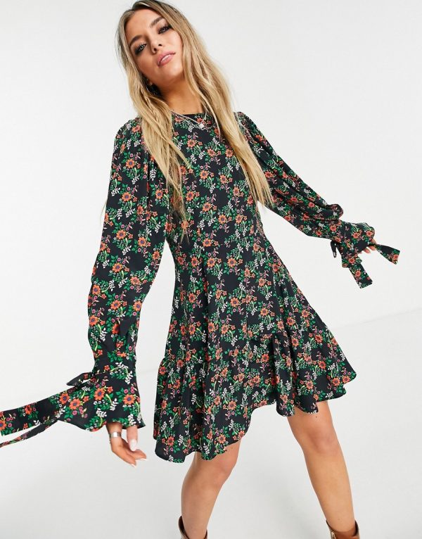 Topshop mini tea dress in floral print-Multi