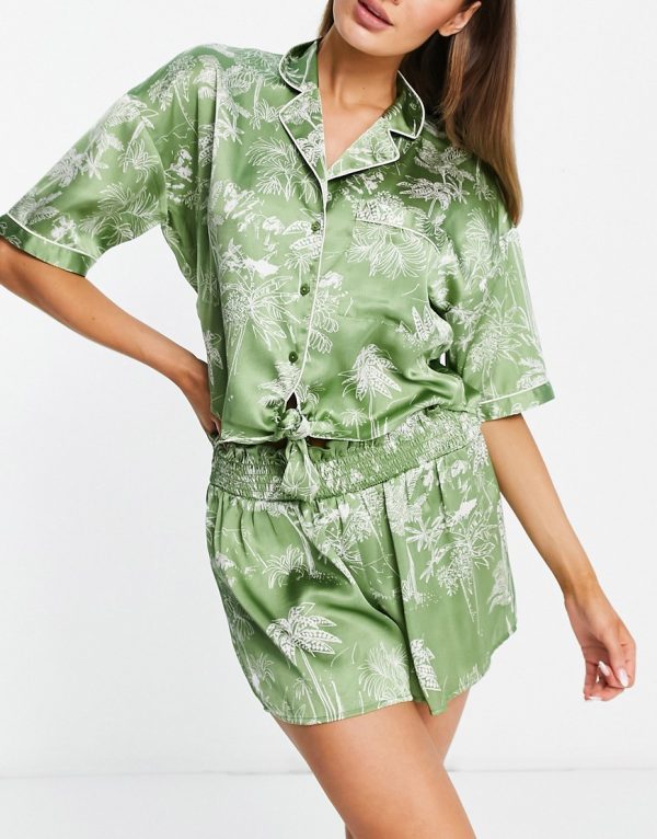 Topshop palm print satin shirt & short set in sage-Green