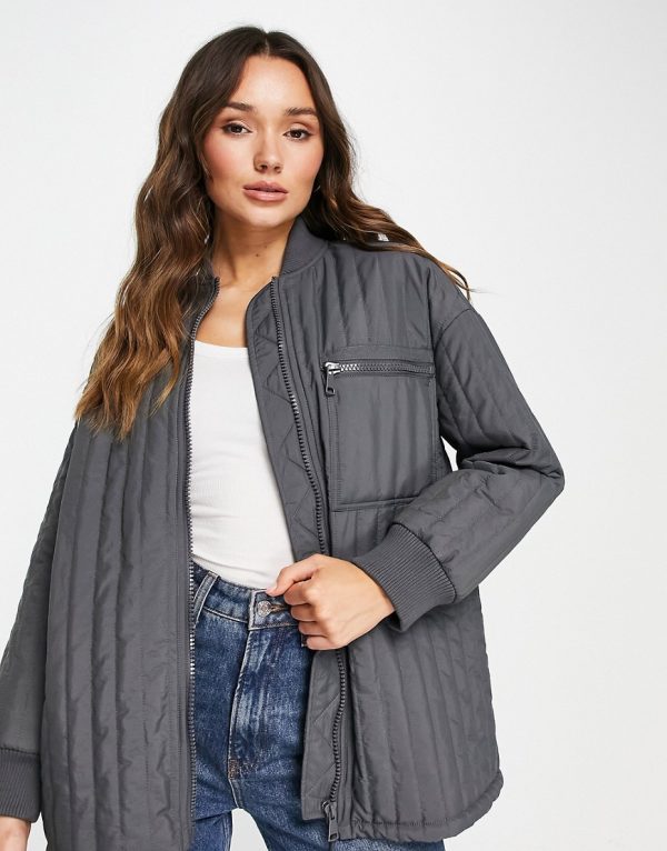 Topshop quilted bomber liner jacket in charcoal-Yellow