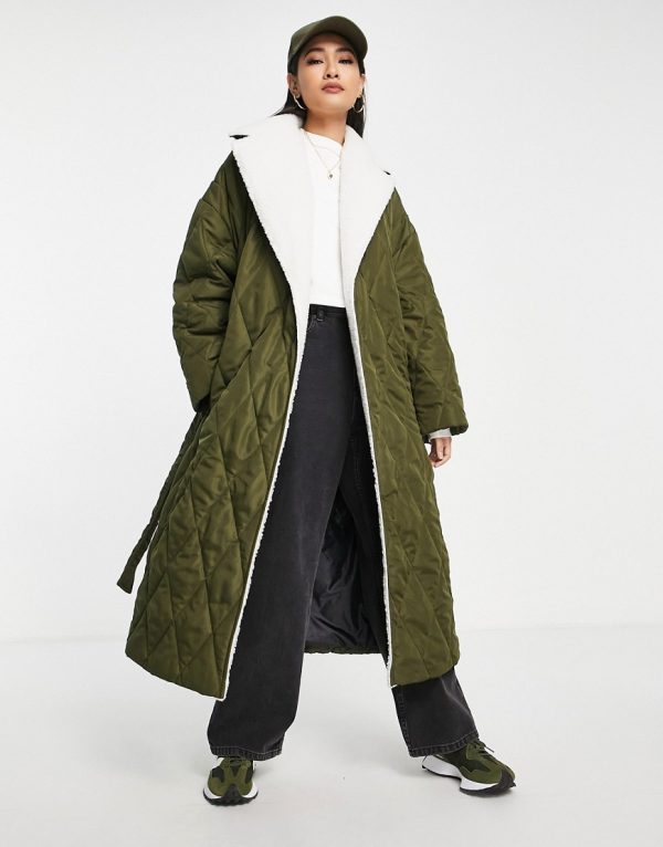 Topshop quilted sherpa trim trench coat in khaki-Green