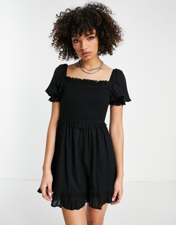 Topshop recycled blend shirring eyelet trim mini dress in black