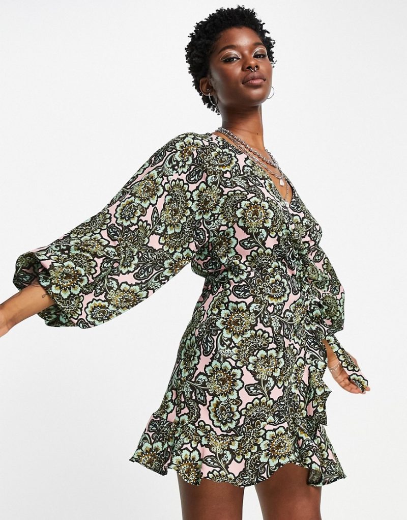 Topshop recycled blend volume sleeve mini dress in 70s print-Multi