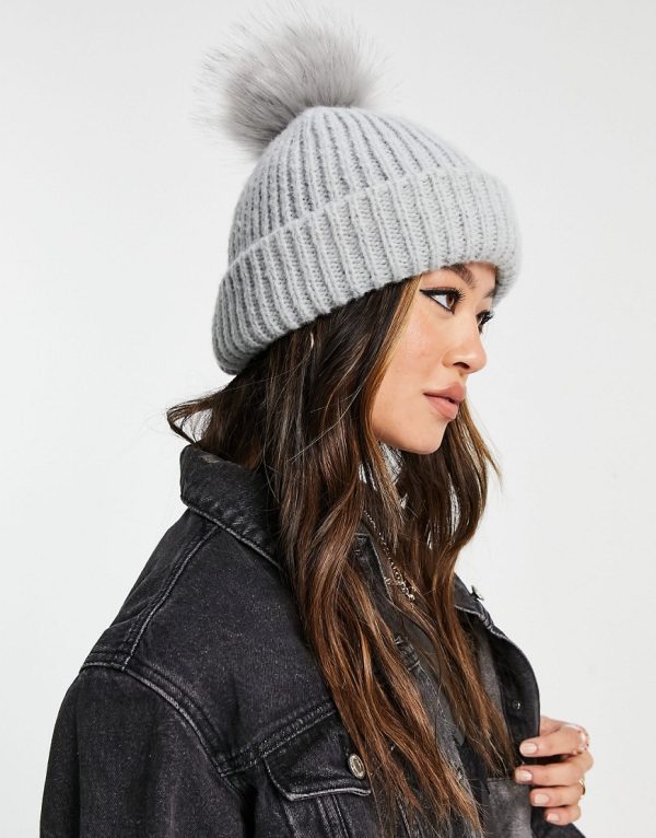 Topshop recycled knitted fur pom pom beanie in gray-Grey