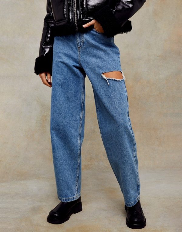 Topshop relaxed fit side rip jeans in mid blue-Blues