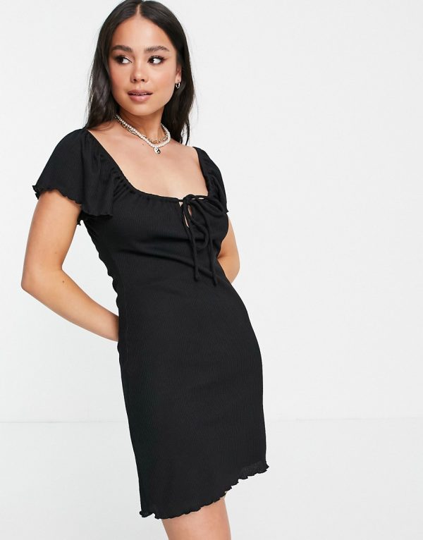 Topshop ribbed fit and flare mini dress in black