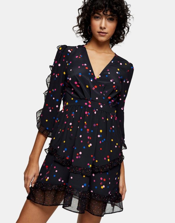 Topshop ruffle mini dress in multicolored dot print-Black