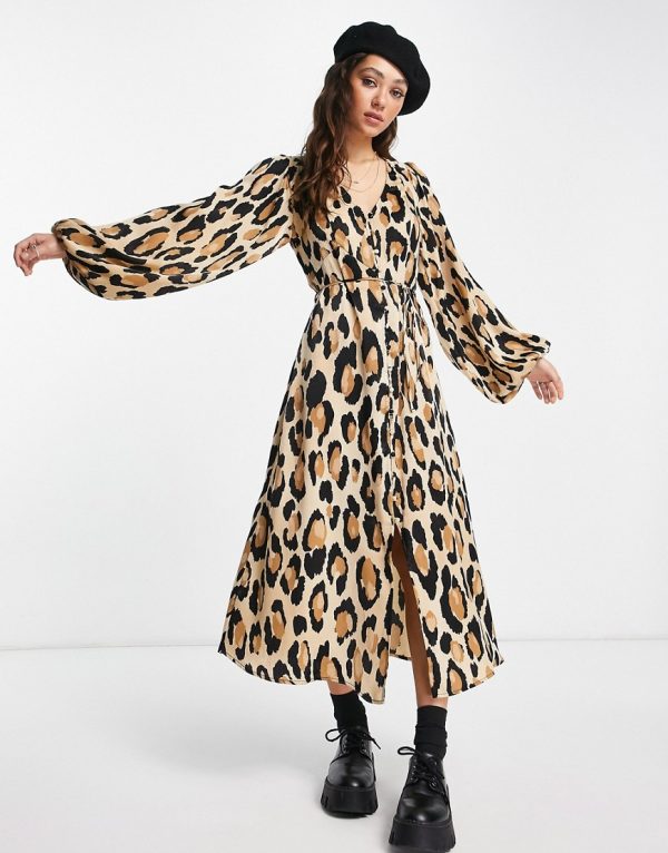 Topshop satin midi dress with extreme sleeves in animal print-Multi