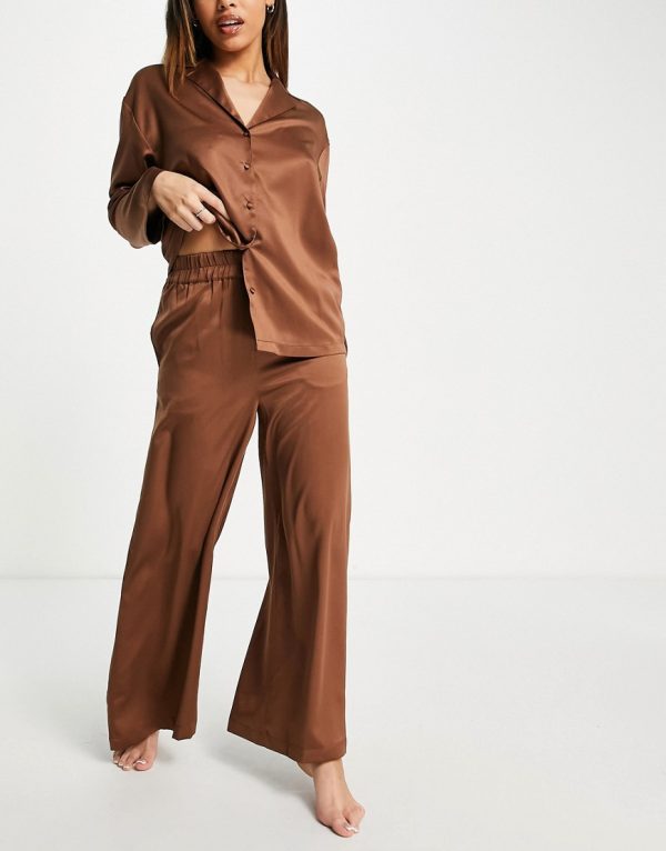 Topshop satin shirt & pant pajama set in chocolate-Brown