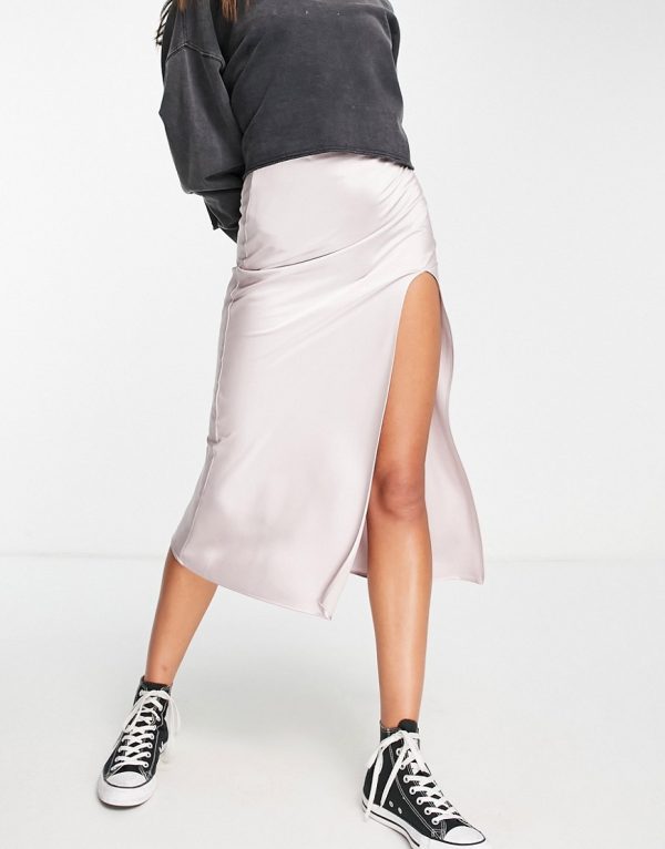 Topshop satin split midi skirt in ash gray