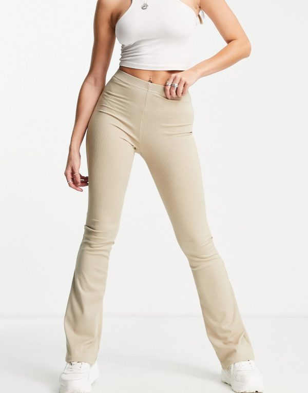Topshop skinny rib flared pant in taupe-Gray