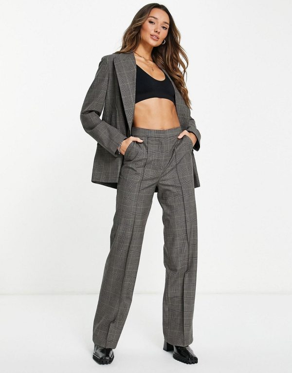 Topshop straight tailored check pant in brown