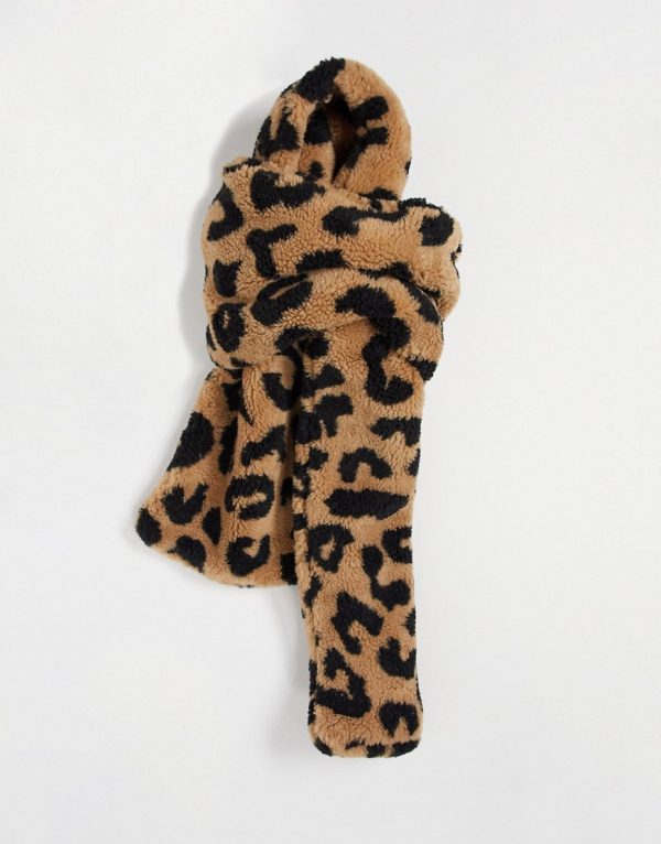 Topshop teddy scarf in leopard print-Brown