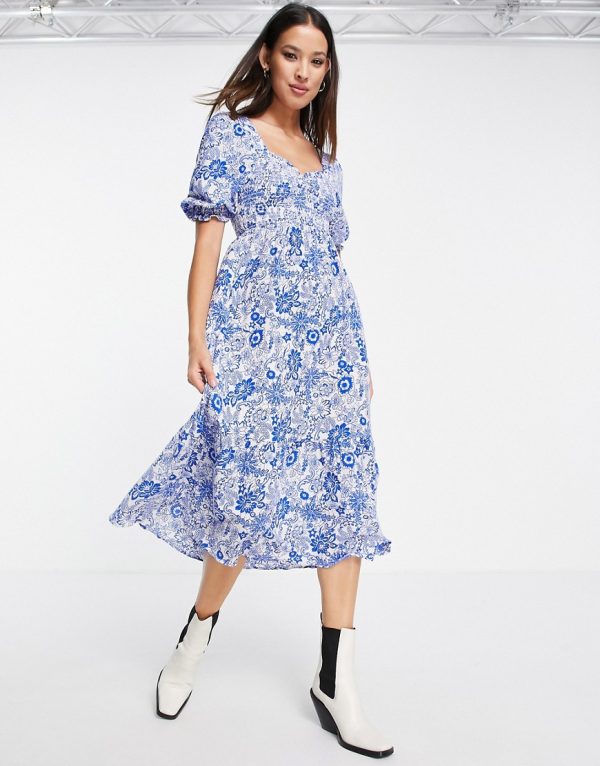 Topshop tiered shirring midi dress in blue floral-Blues