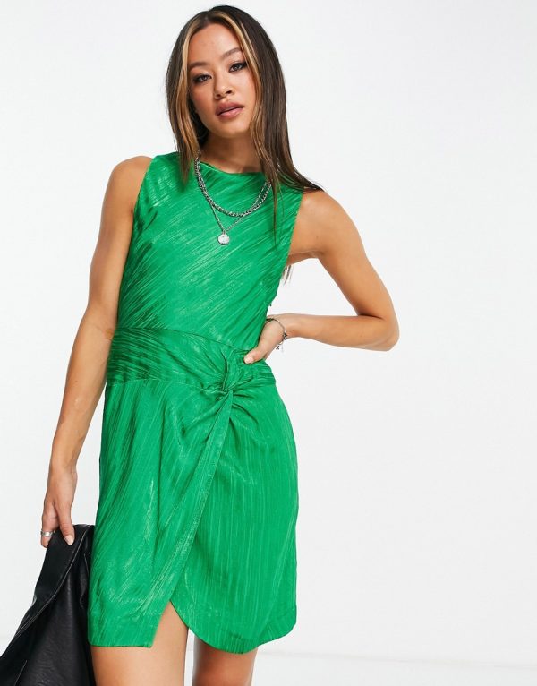 Topshop twist back twist wrap front dress in green