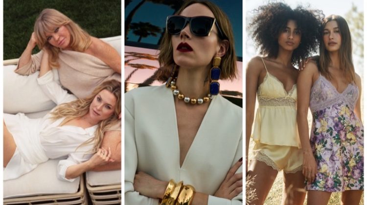 Goldie Hawn and Kate Hudson for Stuart Weitzman spring 2022, Freja Beha Erichsen in Saint Laurent summer 2022 campaign, and Imaan Hammam and Hailey Bieber front Victoria's Secret Dream Angels campaign.
