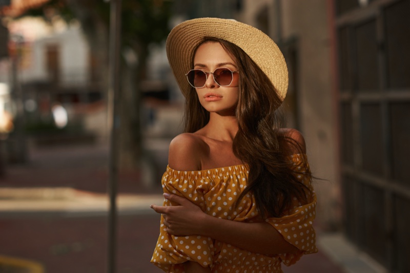 Woman Street Sunglasses Orange Polka Dot Top Straw Hat