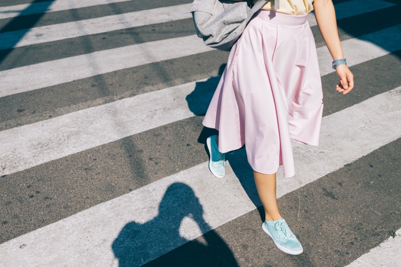 Woman Walking Pink Blue Sneakers Crosswalk