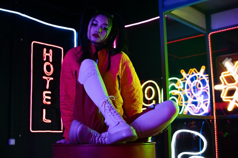Asian Model Neon Lights Signs Trendy Outfit