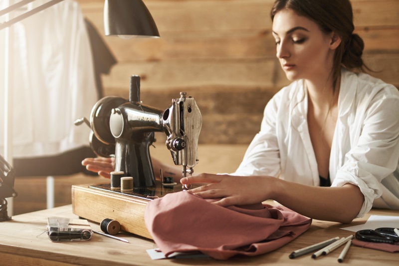Attractive Woman Working Sewing Machine Fabric