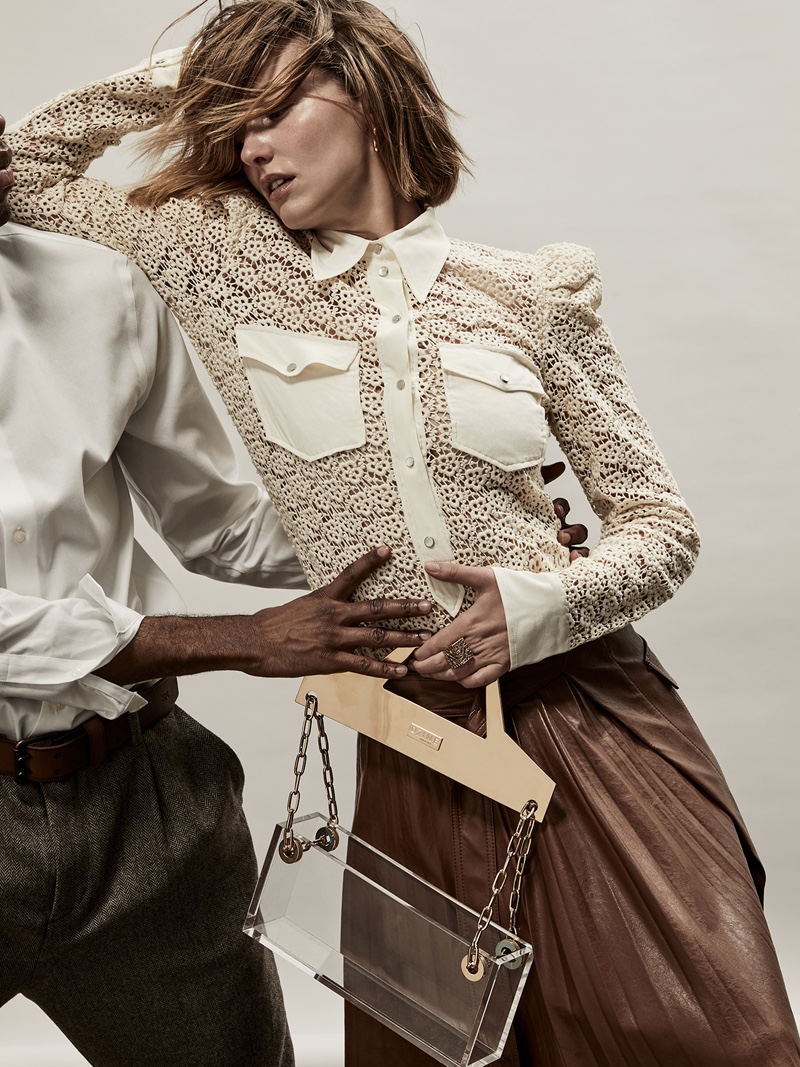 Myles wears Shirt, Pants & Belt Banana Republic. Emily wears Shirt Isabel Marant, Skirt LVIR, Bag DZINE, Earrings MiraMira, and Ring I Am Rock. Photo: Sergio Kurhajec