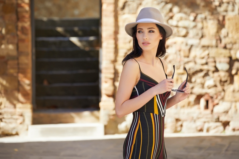 Brunette Model Striped Design Hat Travel