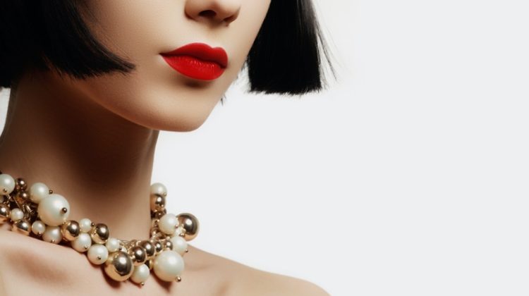 Closeup Pearl Necklace Red Lips Model