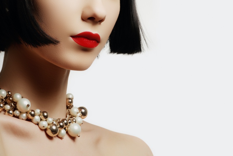 Closeup Pearl Necklace Red Lips Model