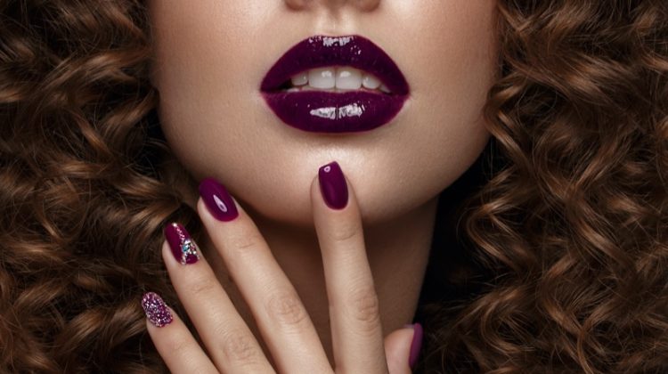 Cropped Model Purple Lipstick Nails Glitter Manicure