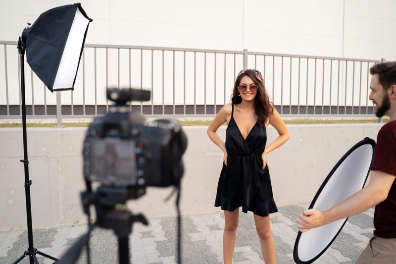 Fashion Model Black Dress Lighting Outdoors